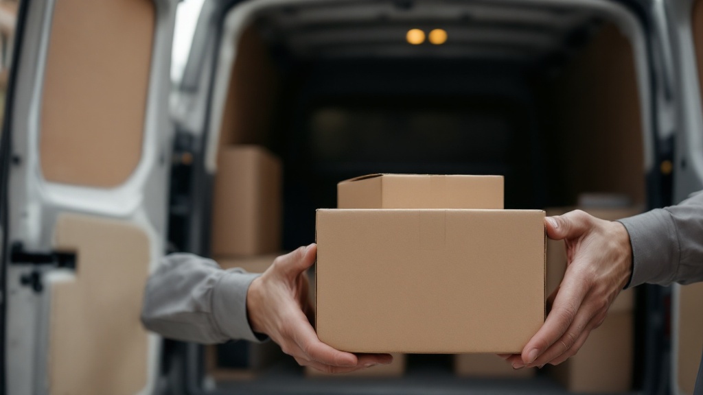 Delivery driver handing over a stack of cartons at a kerbside