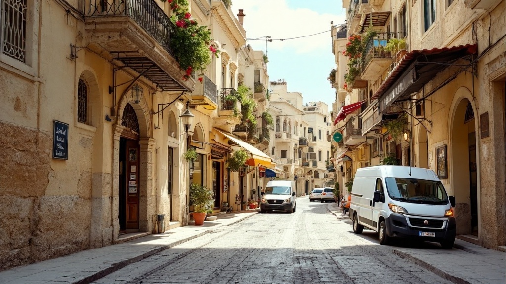 Narrow Jerusalem street of pale limestone buildings with a delivery van at the kerb