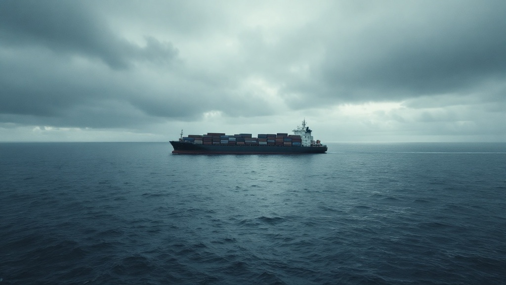 Container feeder vessel at sea under a broken sky