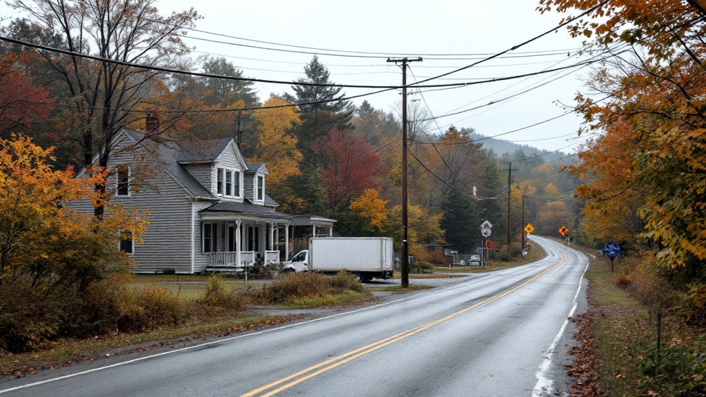 Quiet New England crossroads in autumn with a white box van on the shoulder